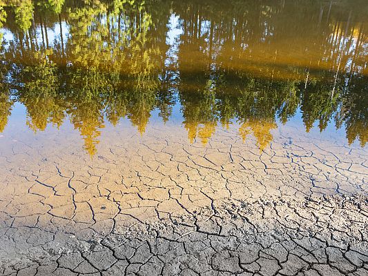 Niedriger Wasserstand in einem See aufgrund anhaltender Trockenheit